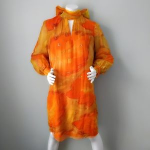 Vtg Saks Orange Watercolor Silk Back Bow Dress SM